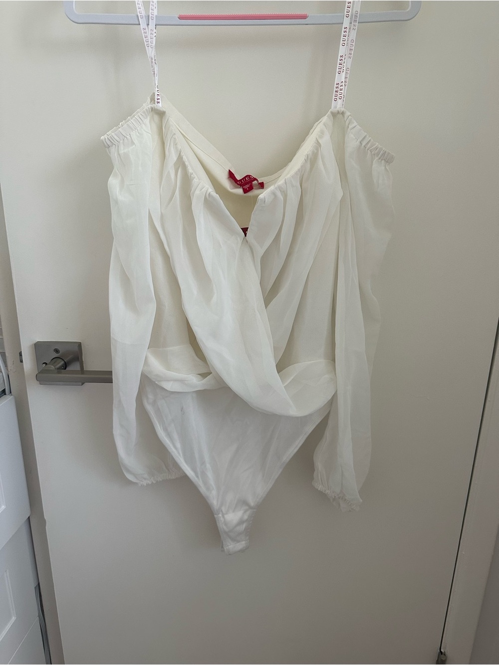 Guess White Draped Sheer off the shoulder Bodysuit